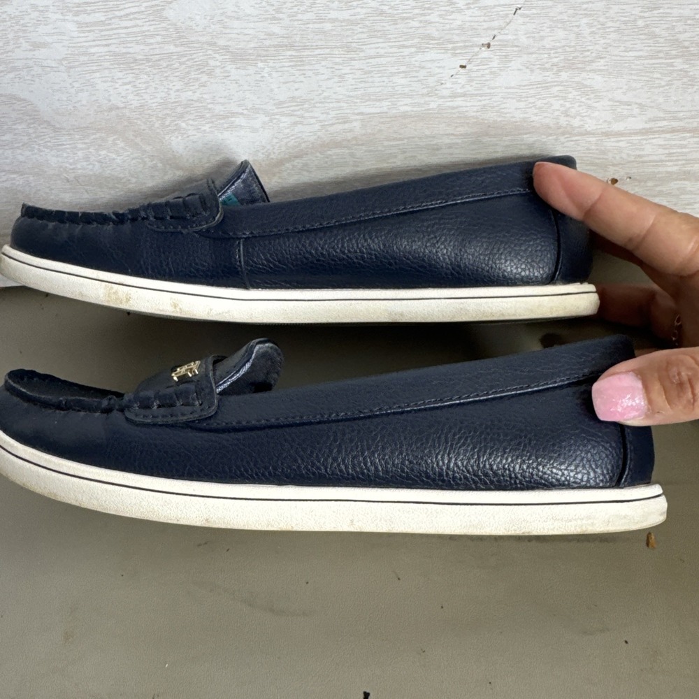 Tommy Hilfiger Navy Blue Monogram Leather Penny Loafers Sz 6.5 - Picture 6 of 9